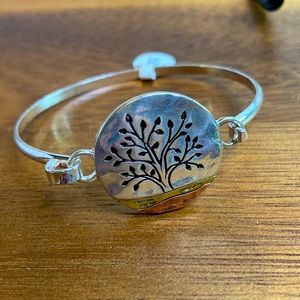 Front Latching Bangle with Tree of Life Silver-Tone